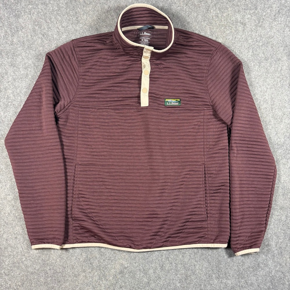 LL Bean Airlight Knit Pullover Mens M Burgundy Ribbed Snap Neck Fleece Outdoors